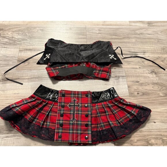 Vtg Foreplay Red Plaid Skirt & Top Set  Black Lace Cross Accents M/L Punk grunge - Picture 2 of 13